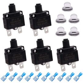 mxuteuk 5Pcs 15Amp Circuit Breakers Push Button Manual Reset 125/250V AC 32V DC,Overload Protector Switch Thermal Circuit Breakers with Quick Connect Terminals and Waterproof Button Caps ST1-5-15A