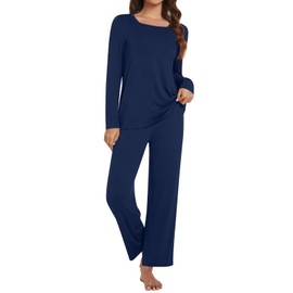 Anydeer Women's 2 Piece Fall Pajama Set Square Neck Long Sleeve Loose Pjs Lounge Pants With Pockets, XL, Long Navy Blue
