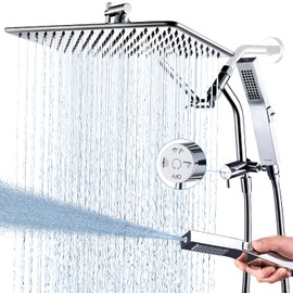 G-Promise All Metal 14 Inches Rain Shower Head with Handheld Built-in Power Wash Mode, 3-way Shower Diverter with Pause Setting, 11 Inches Adjustable Extension Arm, Long Hose (Chrome, 14 Inches)