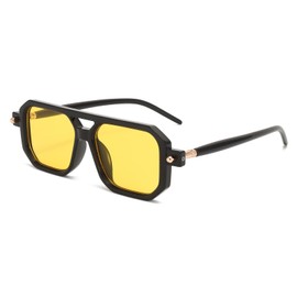 LJCZKA Retro 70s Square Sunglasses for Men and Women, Classic Aviator Glasses, Flat Square with Double Bridge, UV400 Protection, Black Yellow