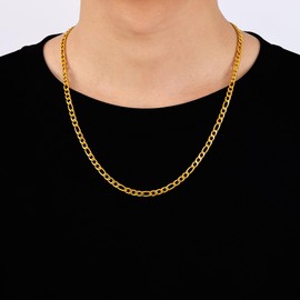 Fiusem 14k Gold plated Mens Chain Necklaces, Figaro Chains for Men, 5mm Stainless Steel Mens Necklaces 20Inch