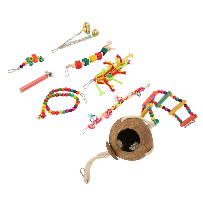 8pcs Parrot Toys Adjustable Coconut Shell Ladder Hanging Toys Interactive
