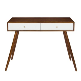 Kate and Laurel Finco Midcentury Modern Style 2 Drawer Console Table, Walnut Brown and White Finish with Brass Hardware