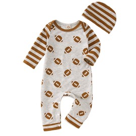 Ritatte Newborn Baby Boy Girl Football Jumpsuit Rugby Stripe Long Sleeve Romper Bodysuit Football Season Playsuit Outfit 0-18M(Gray-Brown,12-18M(100))