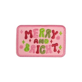 MOKOBOIZ Merry & Bright 3 Inches Iron On/Sew On Embroidered Applique Patches, Pink Holiday Embroidery Patches, DIY Accessories for Backpacks, Army Vests, Bags, Hats, Clothes, Gift for Boy Girl Friend