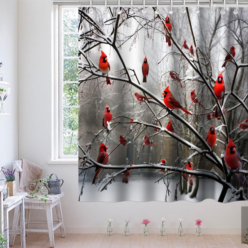 Final Friday Forest Tree Shower Curtains Cute Cardinal Birds on