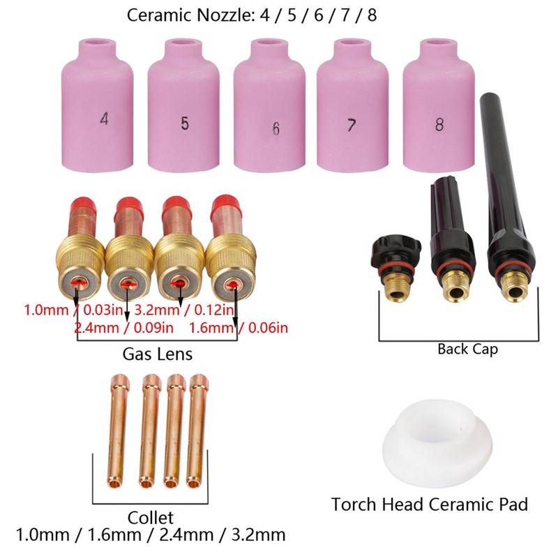 17Pcs WP-17/18/26 TIG Welding Torch Nozzle Gas Lens Collet Back