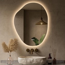 Keonjinn Irregular Backlit Mirror 24 x 30 Inch, Asymmetrical LED Bathroom Mirror with HD Tempered Glass, UL-Listed LED Driver, Stepless Dimmable with 3 Colors, Safe Defogging(Horizontal/Vertical)