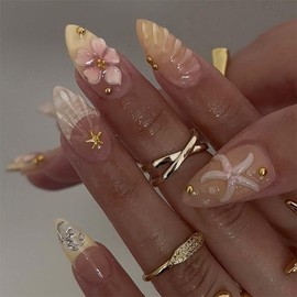 Summer Press on Nails Medium Almond - Summer Nail Design with Tropical Flower,Starfish & Gold Pearls | Beach Nails Press ons | Reusable,Glossy,Full Cover Stick on Nails for Women Manicure 30 Pcs