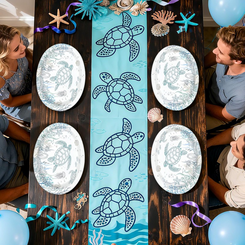50Pcs Coastal Turtle Ocean Green Large Oval Paper Plate 12