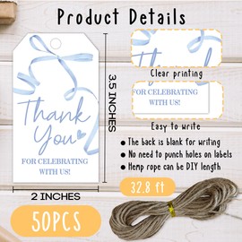 Thank You Gift Labels with String, 2x3.5 Inch Thank You for Celebrating with Us Tag, Blue Bow Print, Gift Tags for Birthday Party Baby Bridal Shower Wedding Favor-A14