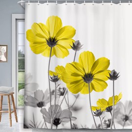MERCHR Unique Floral Yellow Shower Curtain for Bathroom Decor, Yellow and Grey Daisy Flower Elegant Wildflower Design Farmhouse Shower Curtains with Hooks Set, 71 X 71 Inches