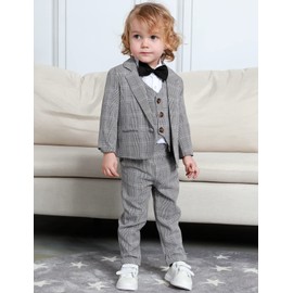 mintgreen Baby Boy Blazer 4 Pieces Suit Formal Wedding Vest Outfit Tie Vest Bow Tie Set, Grey plaid
