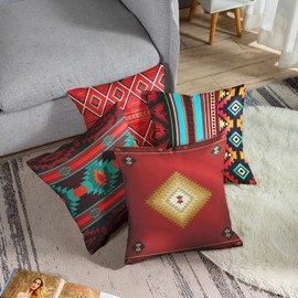 ArtSocket Set of 4 Throw Pillow Covers South Southwest Western Tribal Red Native Home Cultural Geometric Hue Country Decorative Pillow Cases Home Decor Square 16x16 Inches Pillowcases