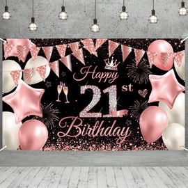 180 * 110cm Happy 21st Birthday Banner Girls Women,Black Rose 21st Birthday Decorations Backdrop Fabric 21st Birthday Sign Poster Birthday Photo Background for Her Him 21 Birthday Anniversary Party