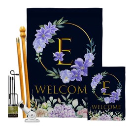 Breeze Decor Welcome E Initial Garden House Flag Kit Monogram Spring Floral Sunflower Tulip Rose Orchid Lilies Season Springtime Flower Wreath Banner Small Yard Gift Double-Sided, Made in USA