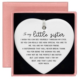 to My Little Sisters Present from Big Sister-Funny Ornament Gifts for Little Sis,Lit Sis-in-Law Present-New Year Thanksgiving Birthday Ceramic Heart Shaped Ornament