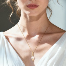IDOKAWA Baroque Pearl Pendant Necklace, Ice Cream Cone Design with Natural Irregular Pearl and Zircon, Gold Ball Chain Adjustable 16+2in, Unique Minimalist Jewelry Gift for Women