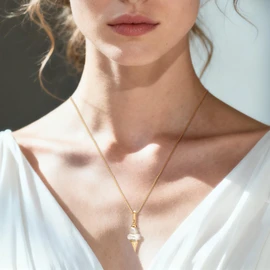 IDOKAWA Baroque Pearl Pendant Necklace, Ice Cream Cone Design with Natural Irregular Pearl and Zircon, Gold Ball Chain Adjustable 16+2in, Unique Minimalist Jewelry Gift for Women