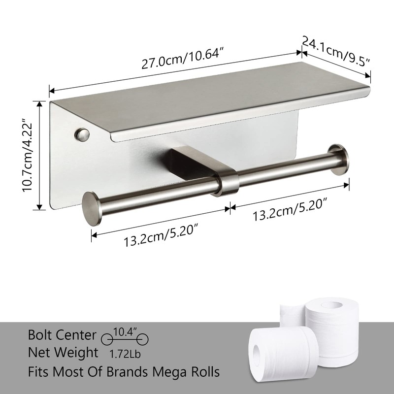 Double Toilet Paper Holder with Shelf Brushed Nickel Toilet Paper
