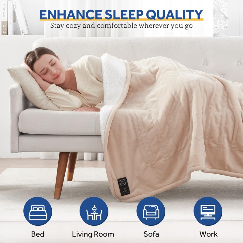 SEALY Heated Blanket Throw with Built-in Button Controller, Reversible Flannel