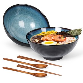 JSYTCCJ Ceramic Ramen Bowl Set, Porcelain Japanese Style Udon Soba Pho Asian Soup Noodle Bowls Salad Serving Bowls with Chopsticks and Spoons,Set of 2