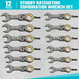 DURATECH 12-Piece Anti-Slip Flex-Head Ratcheting Wrench Set, Stubby Combination Wrench Set, Metric, 8-19mm, 72-Teeth, CR-V Steel, Nickel Plated with Pouch