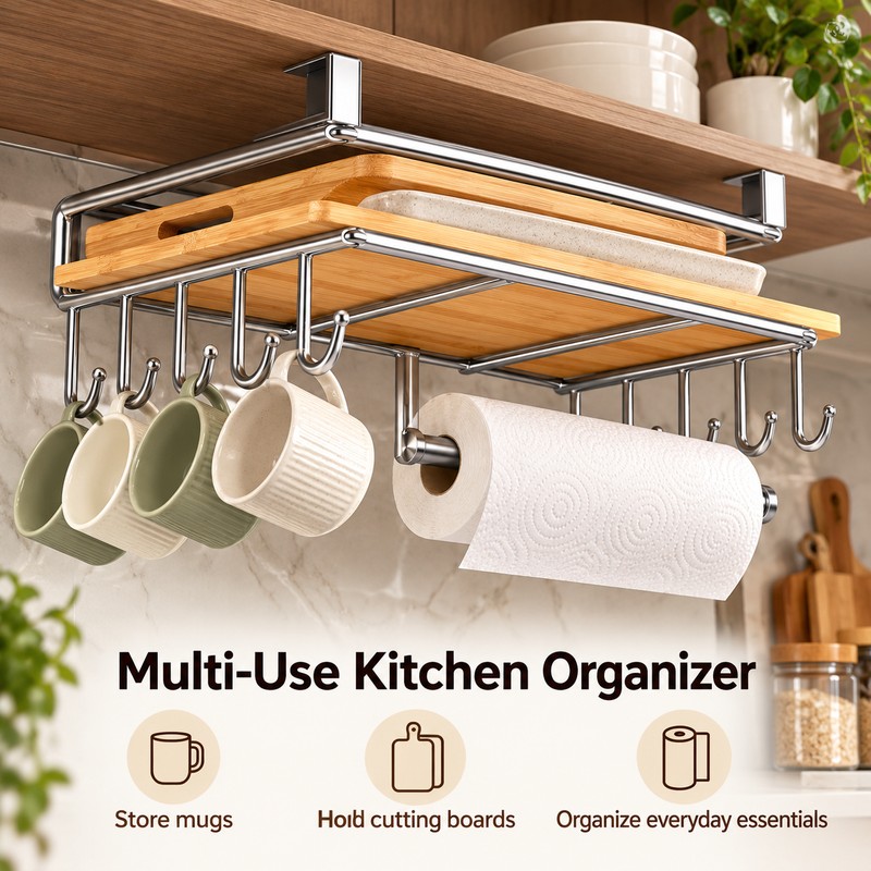 Stainless Steel Hanging Kitchen Storage Rack with Hooks – Paper