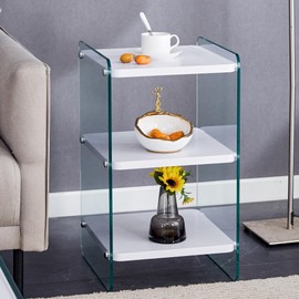 Udorich Stylish and Functional Triple Layer Bedside Table with MDF Top and Glass Legs, Living Room or Office