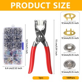Snap Button Fastener Kit, 100 Pairs Metal Press Studs Without Sewing, Hollow and Solid Metal Prong Snaps Buttons with Plier, 5 Claw Metal Buckle Tool Set for Fabric DIY Crafts