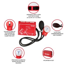 Scian Scian Aneroid Sphygmomanometer - Manual Blood Pressure Cuff with D-Ring Universal Cuff 10-16", Carrying Bag for Nurse Doctor Senior Adult (Red)