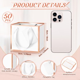 Yeaqee 50 Pcs Mini Metallic Foil Paper Gift Bag with Handle 4x4.75x2.25'' Extra Small Thank You Favor Bag with Tag for Graduation Birthday Party Goodies Wedding Bridal Baby Shower(White, Rose Gold)