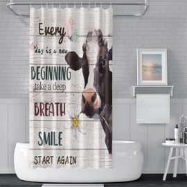 Cow Shower Curtain Watercolor Cow with Daisy Funny Motivational Quotes Bath Curtains Rustic Wooden Board Farmhouse Polyester Waterproof Fabric Shower Curtains Set with Hooks 72" Wx72 H