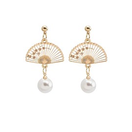 LPYO Fan Stud Earrings Trendy Enamel Small Sector With White Pearl Tassel Dangle Earrings Cute Retro Ethnic Pretty Fan-shaped With Small Flowers Statement Drop Earrings Jewelry Gifts (white)
