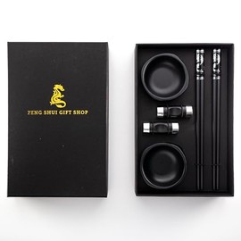 Premium Chopstick Set – 2 Ceramic Dishes, 2 Bamboo Chopsticks, 2 Ceramic Holders – Elegant Gift Box for Sushi, Ramen & Asian Cuisine (Dragon Style)