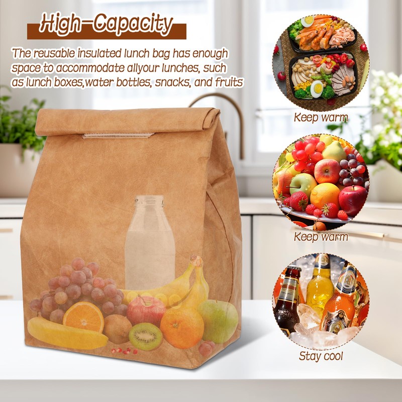 EYUNSTAR 2 Pcs Insulated Brown Paper Lunch Bags, Reusable Lunch