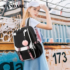 FANDARE Schulrucksack Mädchen Schulranzen Jungen Schultasche mit USB-Ladeanschluss Teenager Daypacks für Damen Universität Reisen Ergonomischer Kinder Schultasche mit Haarballen-Anhänger Schwarz
