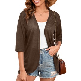 Heymoments Women's Lightweight Cardigan Open Front 3/4 Sleeve Soft Draped Summer Casual Cover Up Kimonos Tops Coffee X-Large Cardigans