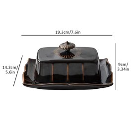 Porcelain Butter Dish with Lid for Countertop, Farmhouse Butter Holder Container with Luxurious Handle, Large Butter Keeper for East West Coast Butter - Dishwasher Safe (Black)