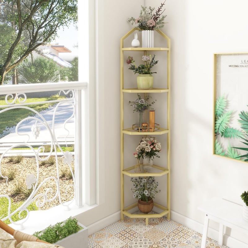 5-Tier Corner Shelf Stand, Gold Corner Bookshelf, Bathroom Storage Rack