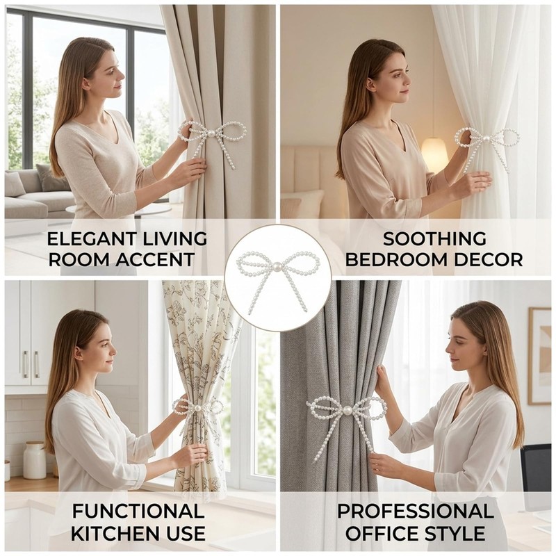 4 Set of Bow Curtain Tiebacks, Pearl Bow Curtain Holders,
