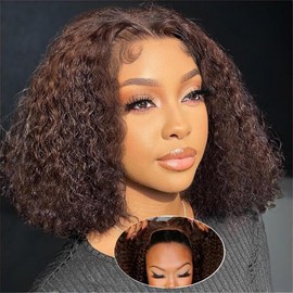 Chocolate Brown Wear and Go Deep Wave Bob Wig Human Hair 4x4 Pre Cut Lace Closure Bob Wig 180% Density Short Curly Human Hair Bob Wig Pre Plcuked for Black Women (Glueless Wigs, 10inch)