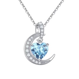 Qings Birthstone Necklace Moon Necklace - Sterling Silver 925 Pendant Heart Zirconia Gemstone Jewellery Gifts for Women Girls Wife, Sterling Silver, Cubic Zirconia