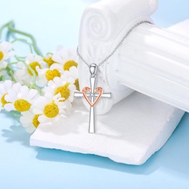 LWXIE Diamond Heart Cross Necklace for Women 925 Sterling Silver Heart Cross Pendant Necklaces with Lab Grown Diamond Jewelry Gifts for Loved Ones