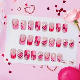 TENPAL Hot Pink Press on Nails with Glue Kit,French Checkered Heart Sweet Bow Design False Nails,Valentine's Day Medium Square Fake Nails for Daily,Reusable Pink Rose Cute Manicure 24pcs with Tools