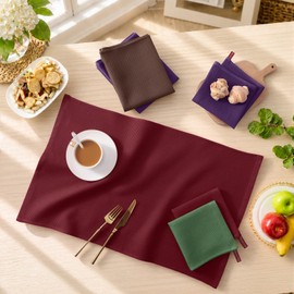 Homaxy 100% Cotton Kitchen Towels and Dishcloths Set - 8 Pack Waffle Weave Soft and Absorbent Dish Towels - 26 X 16 Inch and 12 X 12 Inch - Grass Green/Burgundy/Eggplant/Coffee