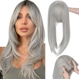 TESS Clip-In Hair Topper with Bangs, Grey Mix Blonde, 45 cm Long for Thinning Hair Pony Hairpiece, 4 Clips Hair Toppers for Women for Daily Use, Photography and Party, 175 g