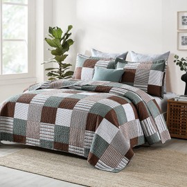 Y-PLWOMEN Quilt Set Queen Size, 100% Cotton Queen Quilt, Brown Green White Patchwork Plaid Quilt Sets Queen, Lightweight Reversible Soft Bedspreads Queen Size All Season, 3-Pieces