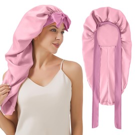 Long Bonnet For Sleeping, Satin Silk Bonnet With Tie Band, Jumbo Hair Bonnets For Women Long Braids Natural Curly Hair showercap(Pink)