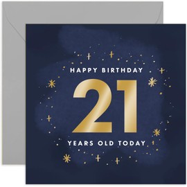 Old English Co. 21 Today Birthday Card for Man or Woman - Gold Foil Sparkle Stars Birthday Card for Him or Her - Shiny 21st Birthday Card for Son, Daughter, Brother, Sister | Blank Inside